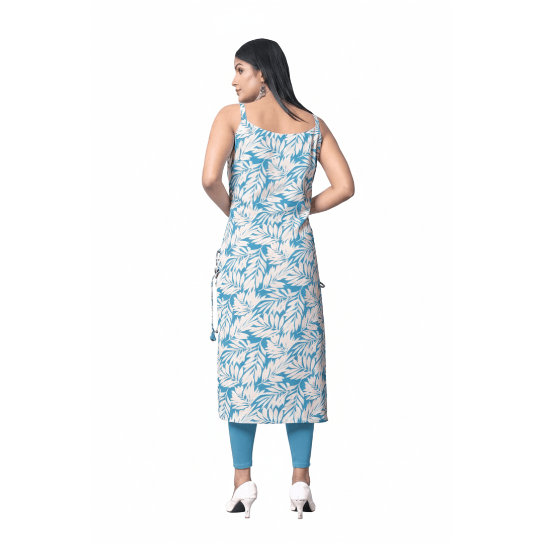 Aqua Blue Leaf Print Spaghetti Strap Kurti - Straight Fit - Vinnexa.in