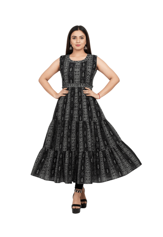 Black & White Geometric Print Sleeveless Anarkali Dress - Vinnexa.in