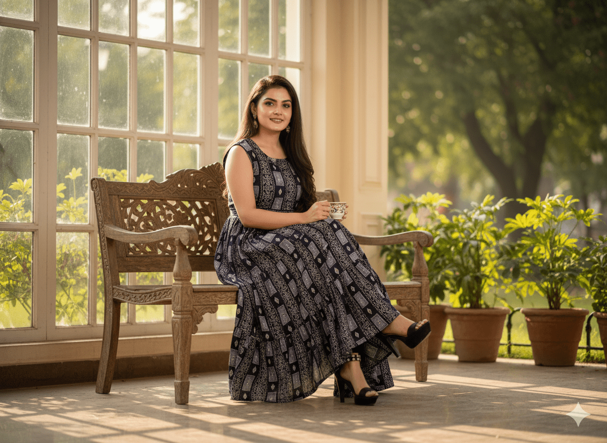 Blue Geometric Print Sleeveless Flared Kurti Dress - Vinnexa.in