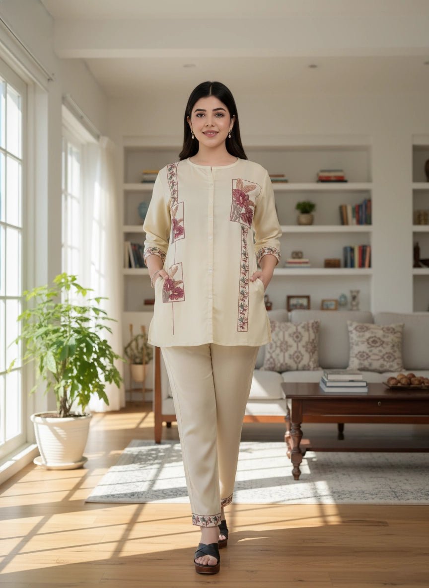 Elegant Cream Embroidered Cotton Co - Ord Set for Women - Vinnexa.in