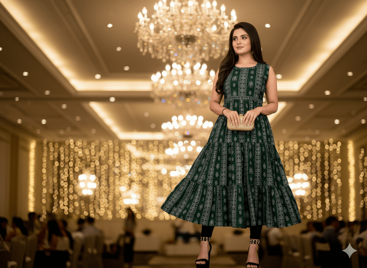 Emerald Green Printed Sleeveless Tiered Flared Kurti - Vinnexa.in