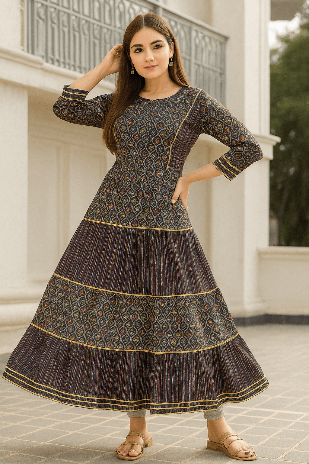 Navy Blue Printed Tiered Anarkali Gown - Long Ethnic Dress - Vinnexa.in