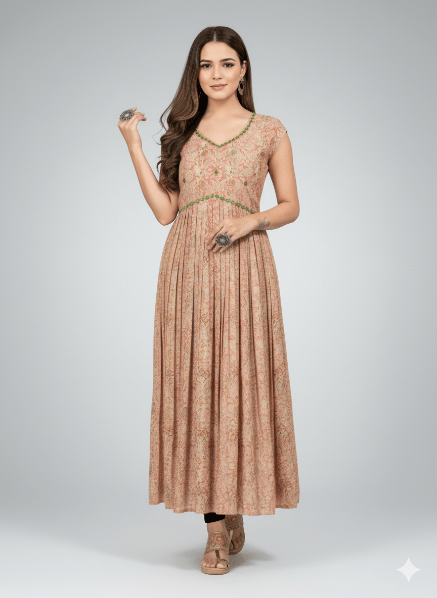 Peach Floral Print Georgette Anarkali Gown - Festive Wear - Vinnexa.in