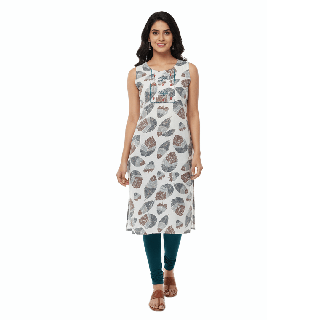 White Leaf Geometric Print Sleeveless Straight Kurti with Yoke Embroidery - Vinnexa.in