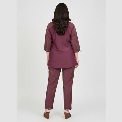 Burgundy Embroidered Casual Tunic and Pant Set for Women