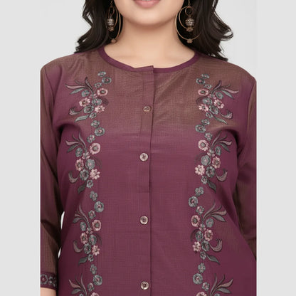 Burgundy Embroidered Casual Tunic and Pant Set for Women