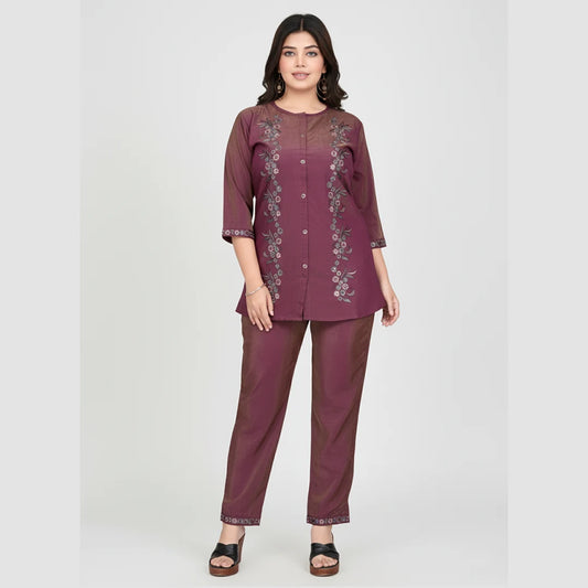 Burgundy Embroidered Casual Tunic and Pant Set for Women