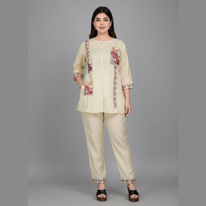 Elegant Cream Embroidered Cotton Co-Ord Set for Women