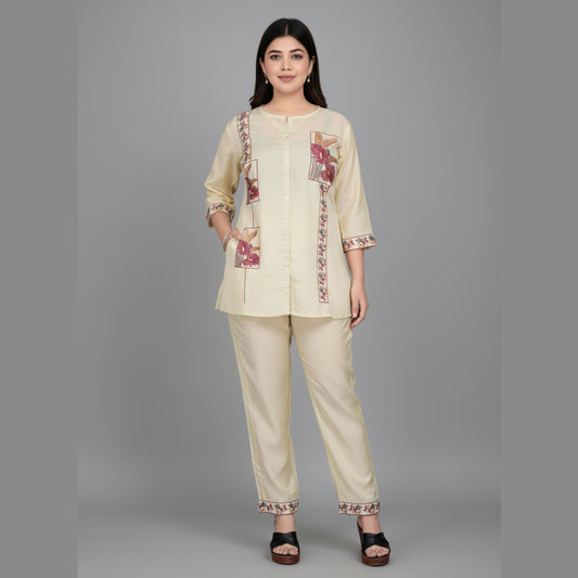 Elegant Cream Embroidered Cotton Co-Ord Set for Women