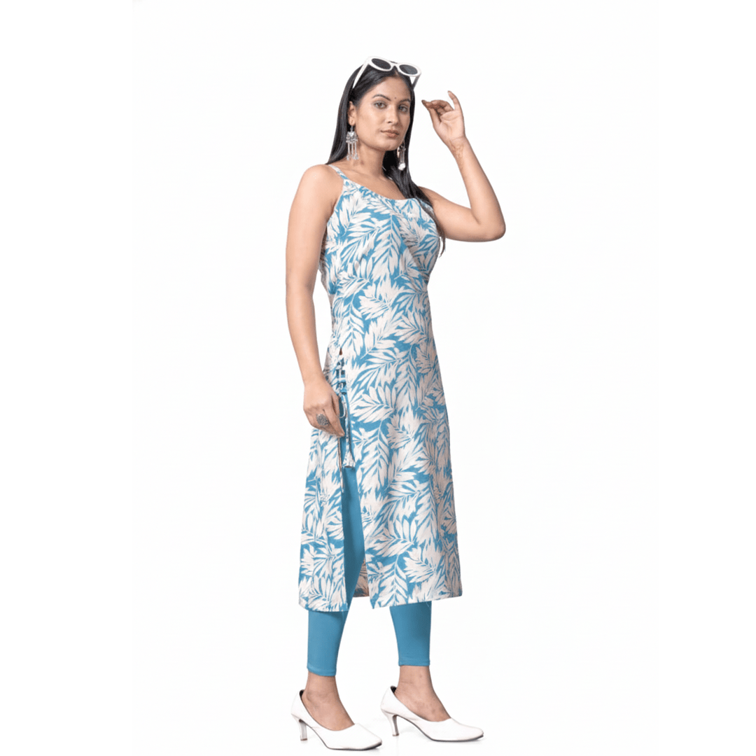 Aqua Blue Leaf Print Spaghetti Strap Kurti - Straight Fit - Vinnexa.in