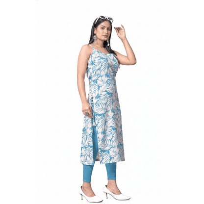 Aqua Blue Leaf Print Spaghetti Strap Kurti - Straight Fit - Vinnexa.in