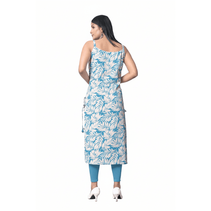 Aqua Blue Leaf Print Spaghetti Strap Kurti - Straight Fit - Vinnexa.in