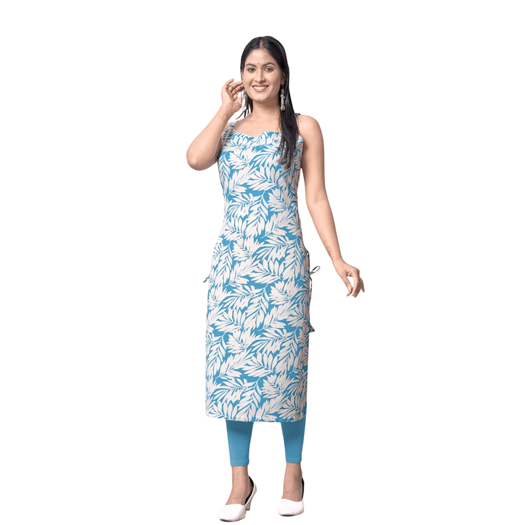 Aqua Blue Leaf Print Spaghetti Strap Kurti - Straight Fit - Vinnexa.in