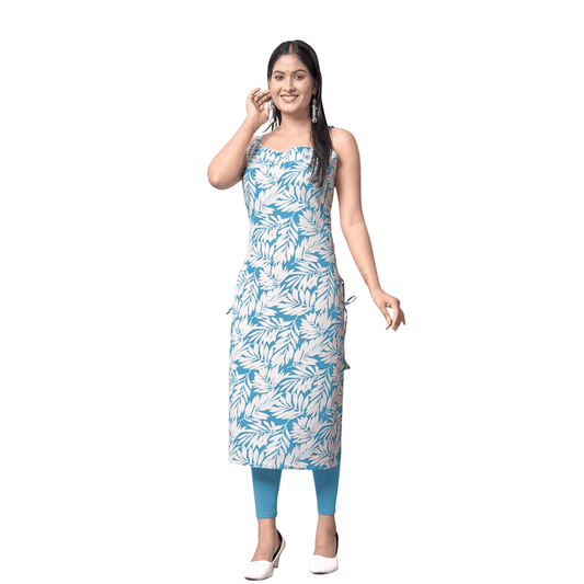 Aqua Blue Leaf Print Spaghetti Strap Kurti - Straight Fit - Vinnexa.in