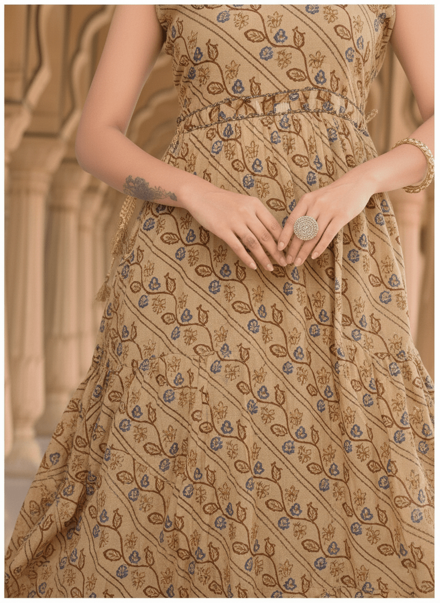 Beige Floral Print Sleeveless Flared Kurti - A - Line Style - Vinnexa.in