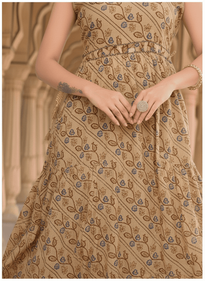 Beige Floral Print Sleeveless Flared Kurti - A - Line Style - Vinnexa.in