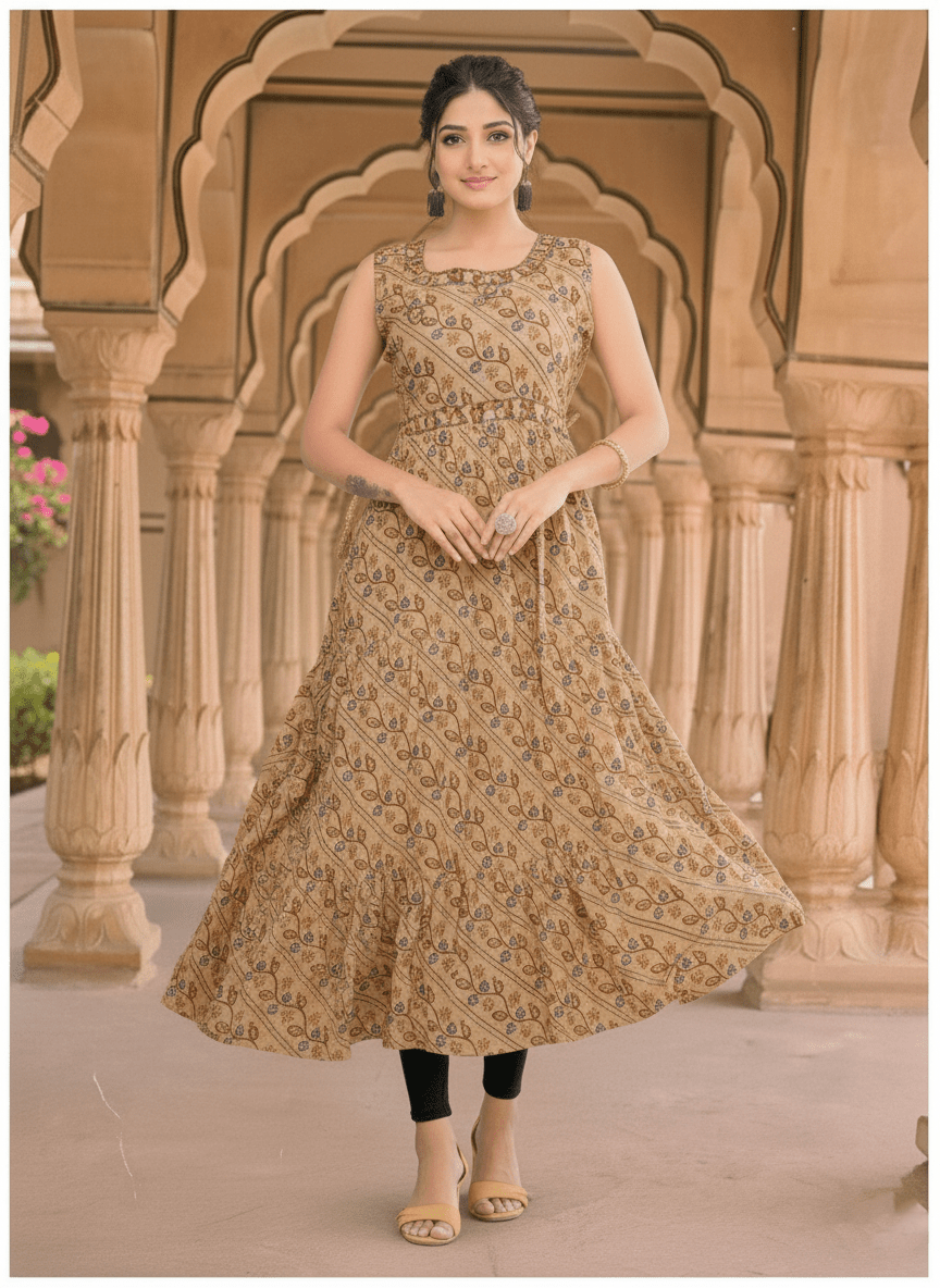 Beige Floral Print Sleeveless Flared Kurti - A - Line Style - Vinnexa.in