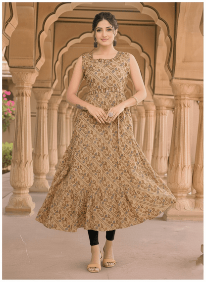 Beige Floral Print Sleeveless Flared Kurti - A - Line Style - Vinnexa.in