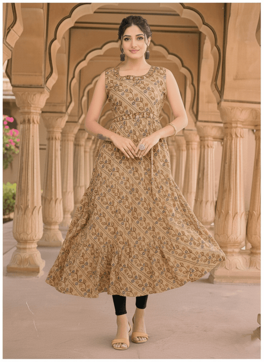 Beige Floral Print Sleeveless Flared Kurti - A - Line Style - Vinnexa.in