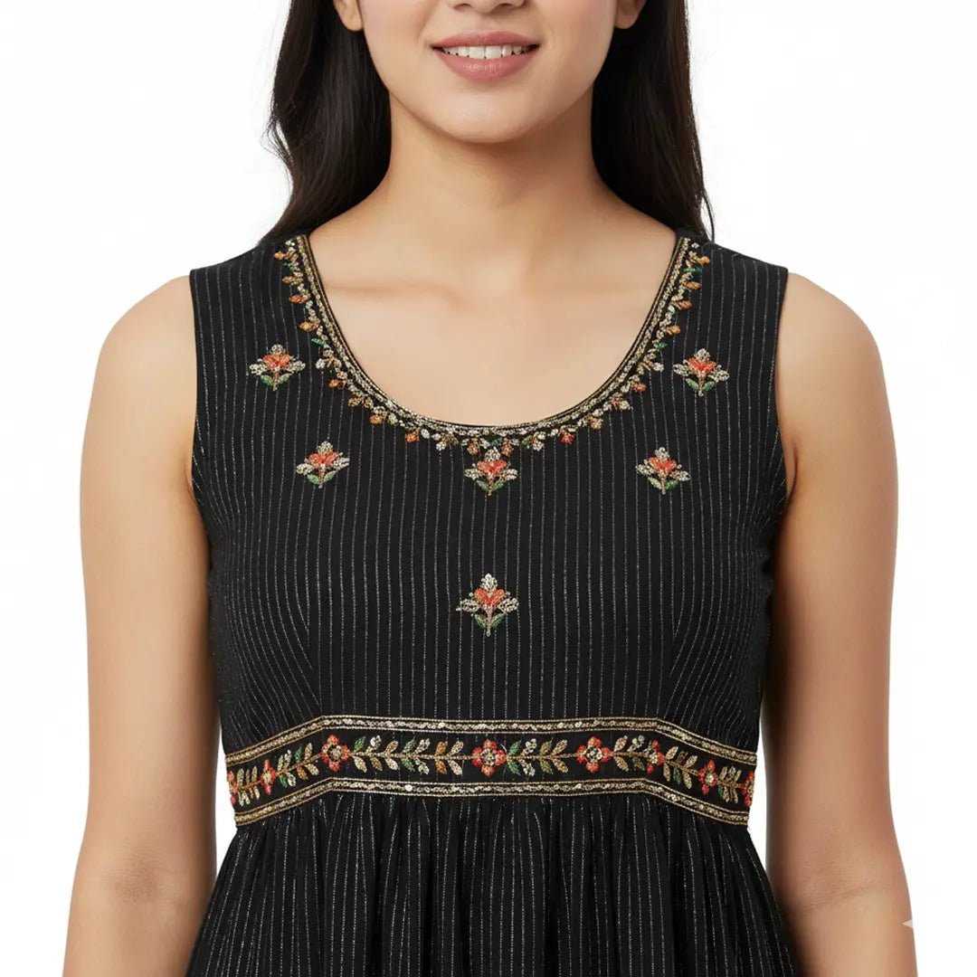 Black Pinstripe Sleeveless Tiered Midi Dress with Embroidery - Vinnexa.in