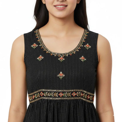 Black Pinstripe Sleeveless Tiered Midi Dress with Embroidery - Vinnexa.in