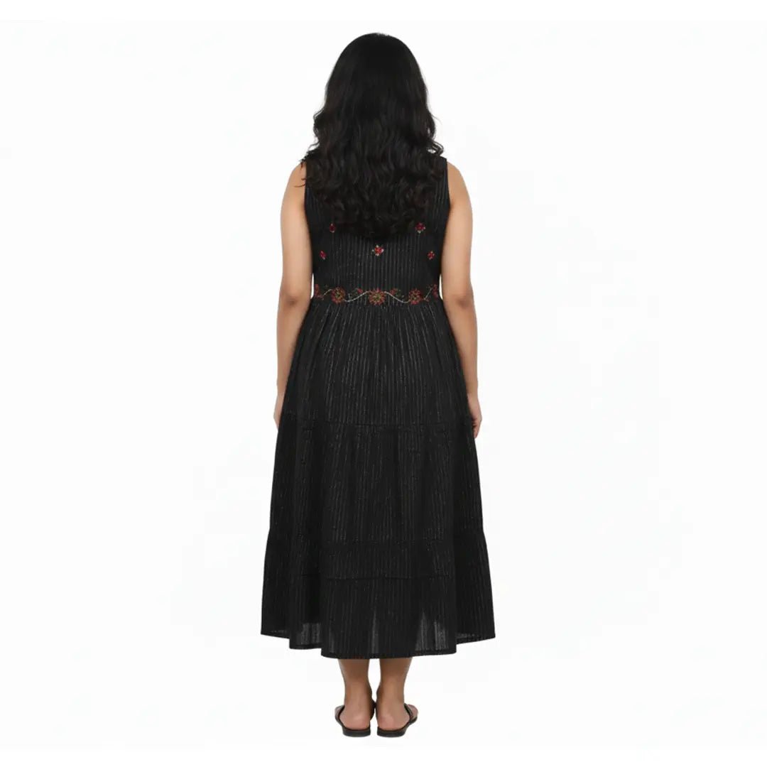 Black Pinstripe Sleeveless Tiered Midi Dress with Embroidery - Vinnexa.in