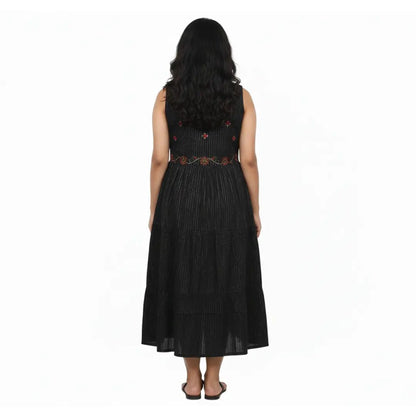 Black Pinstripe Sleeveless Tiered Midi Dress with Embroidery - Vinnexa.in