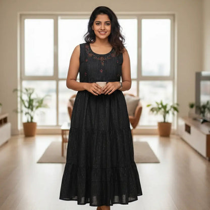 Black Pinstripe Sleeveless Tiered Midi Dress with Embroidery - Vinnexa.in