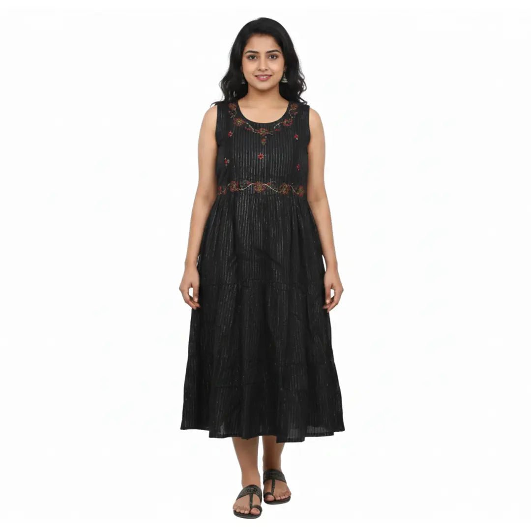 Black Pinstripe Sleeveless Tiered Midi Dress with Embroidery - Vinnexa.in