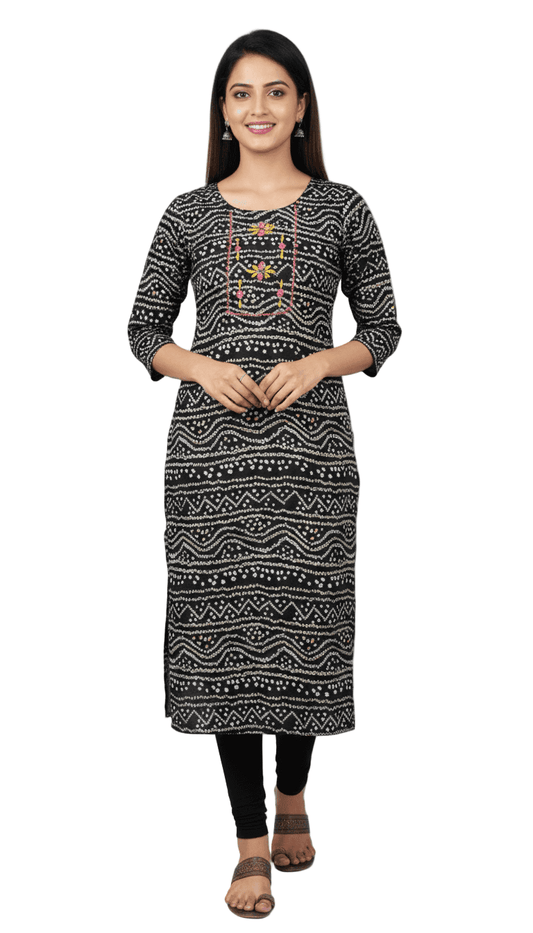 Black & White Bandhani Print Straight Kurti with Embroidery - Vinnexa.in