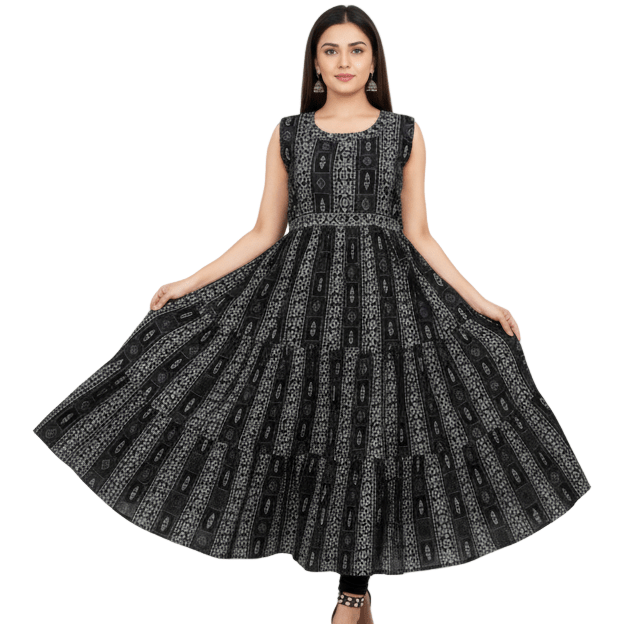 Black & White Geometric Print Sleeveless Anarkali Dress - Vinnexa.in