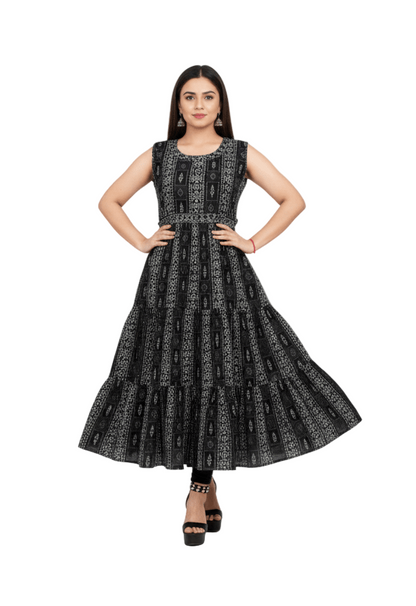 Black & White Geometric Print Sleeveless Anarkali Dress - Vinnexa.in
