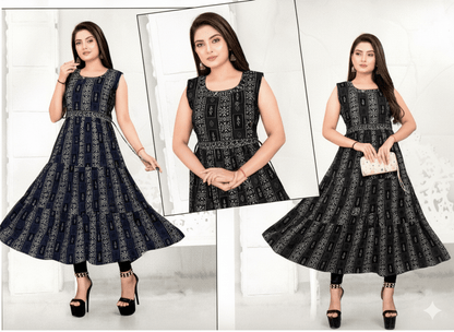 Black & White Geometric Print Sleeveless Anarkali Dress - Vinnexa.in