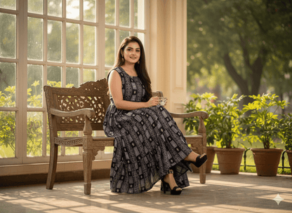 Blue Geometric Print Sleeveless Flared Kurti Dress - Vinnexa.in