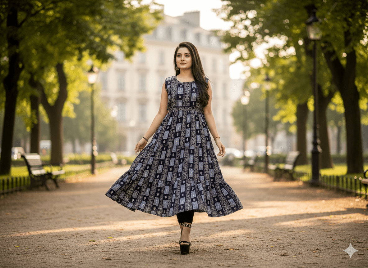 Blue Geometric Print Sleeveless Flared Kurti Dress - Vinnexa.in