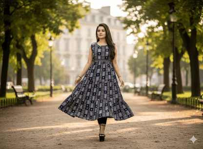 Blue Geometric Print Sleeveless Flared Kurti Dress - Vinnexa.in