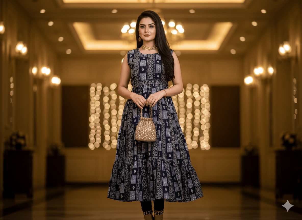 Blue Geometric Print Sleeveless Flared Kurti Dress - Vinnexa.in