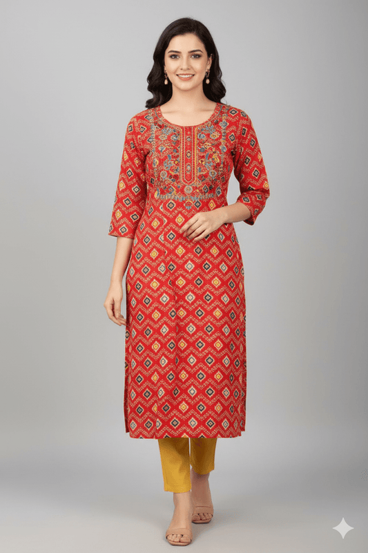 Bright Red Geometric Print Straight Kurti with Embroidered Yoke - Vinnexa.in