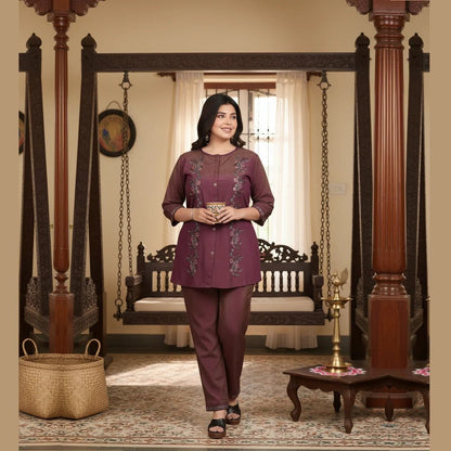 Burgundy Embroidered Casual Tunic and Pant Set for Women - Vinnexa.in