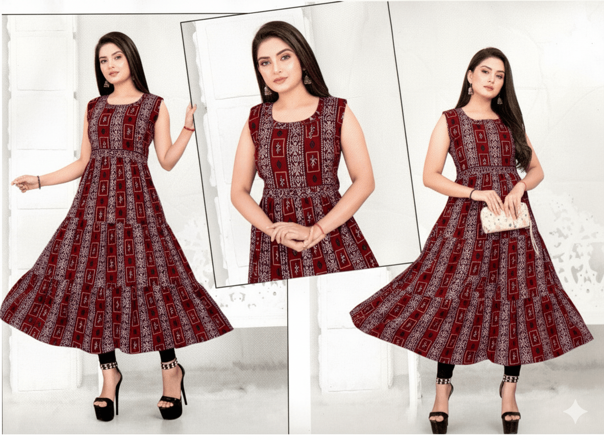Burgundy Geometric Print Sleeveless Flared Kurti - Rayon - Vinnexa.in