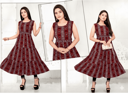 Burgundy Geometric Print Sleeveless Flared Kurti - Rayon - Vinnexa.in