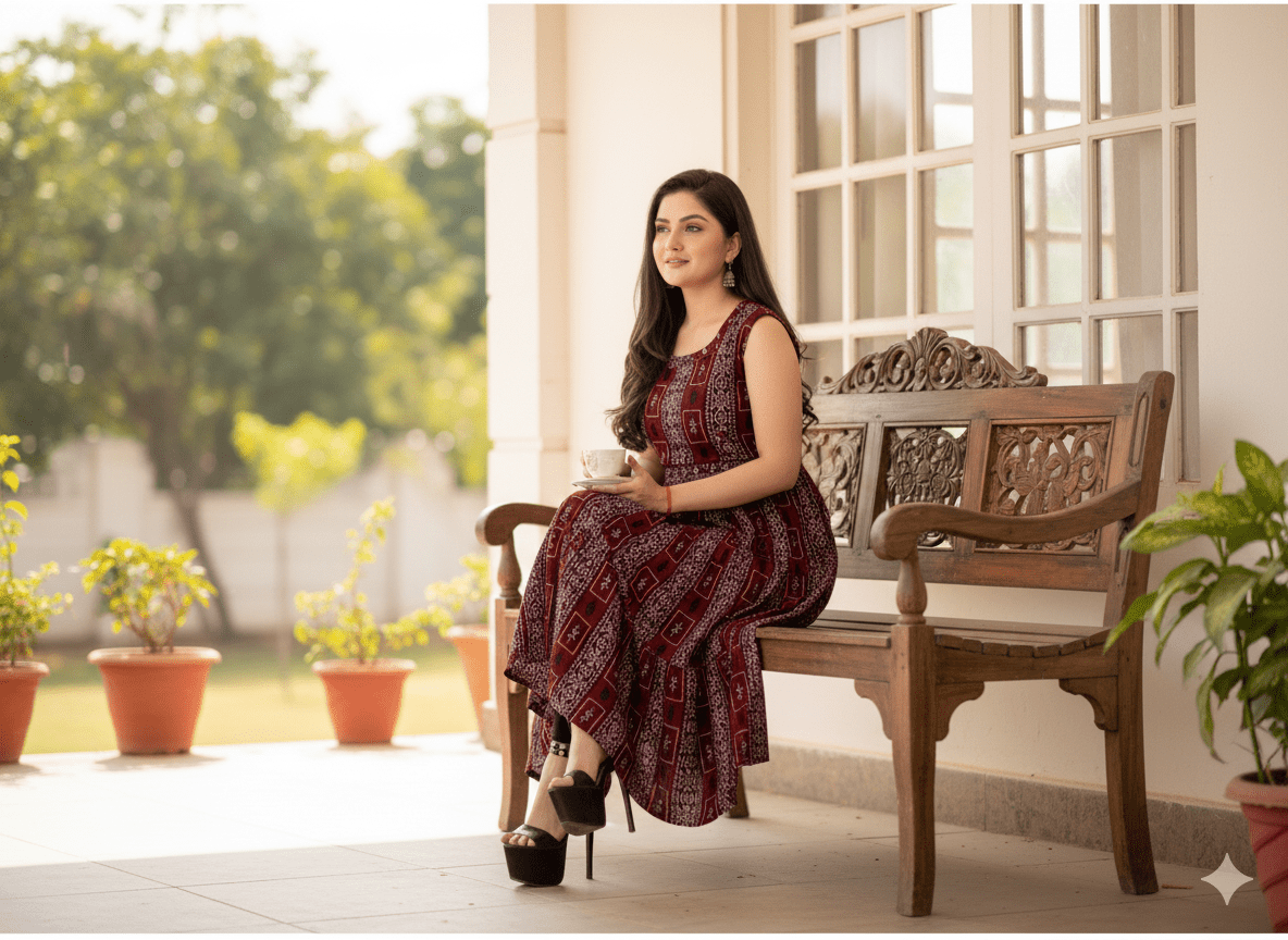 Burgundy Geometric Print Sleeveless Flared Kurti - Rayon - Vinnexa.in