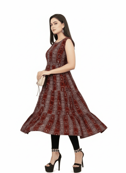 Burgundy Geometric Print Sleeveless Flared Kurti - Rayon - Vinnexa.in