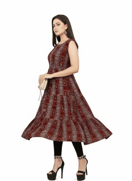 Burgundy Geometric Print Sleeveless Flared Kurti - Rayon - Vinnexa.in