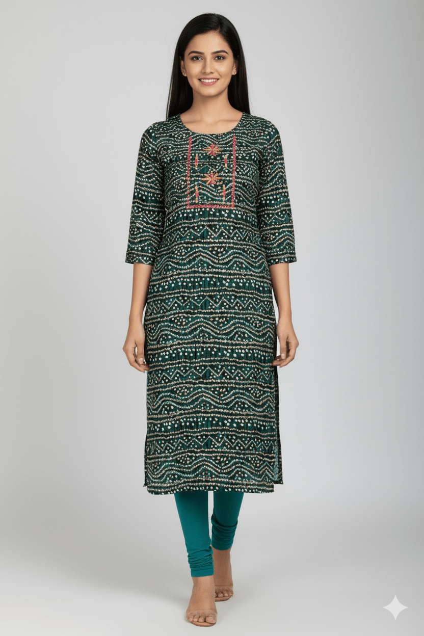 Dark Green Bandhani Print Straight Kurti with Neck Embroidery - Vinnexa.in