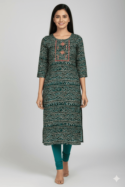 Dark Green Bandhani Print Straight Kurti with Neck Embroidery - Vinnexa.in