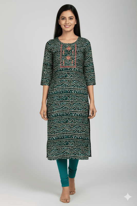 Dark Green Bandhani Print Straight Kurti with Neck Embroidery - Vinnexa.in