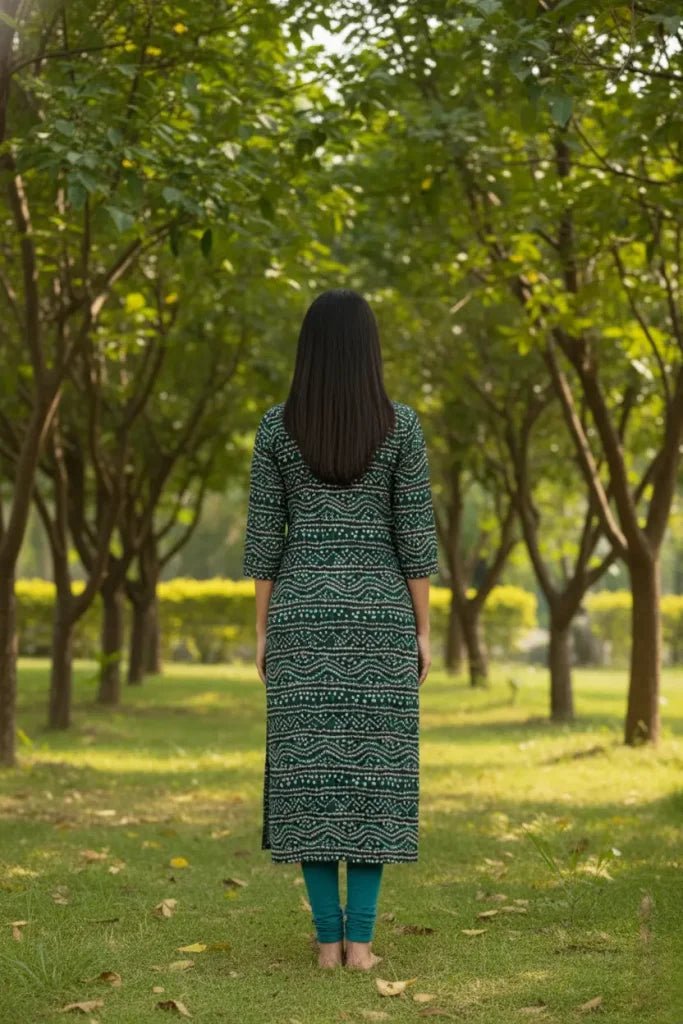 Dark Green Bandhani Print Straight Kurti with Neck Embroidery - Vinnexa.in