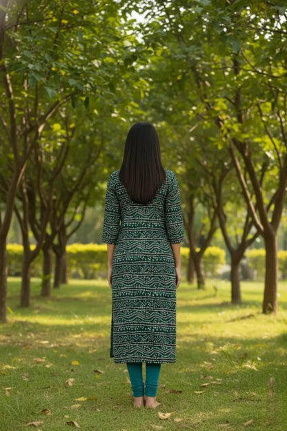 Dark Green Bandhani Print Straight Kurti with Neck Embroidery - Vinnexa.in