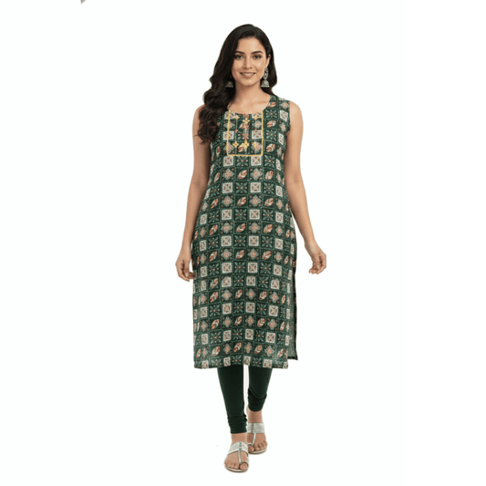 Dark Green Geometric Print Sleeveless Kurti Dress with Yoke Embroidery - Vinnexa.in